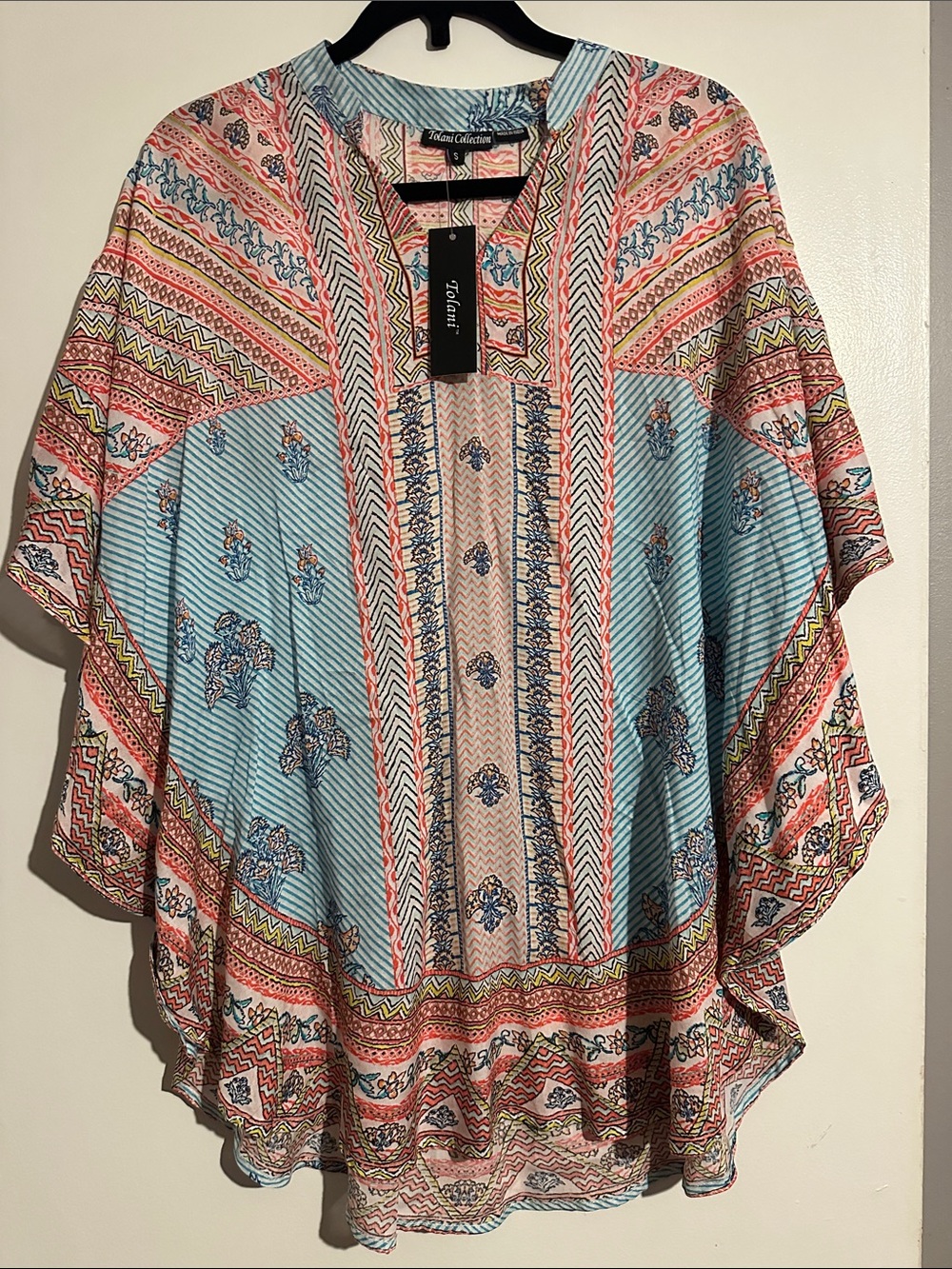 Tolani Aqua & Coral Boho Printed Dolman Tunic